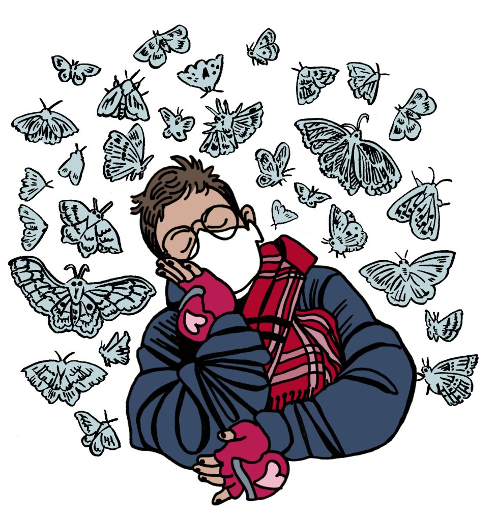 Self-portrait of the artist, surrounded by moths.